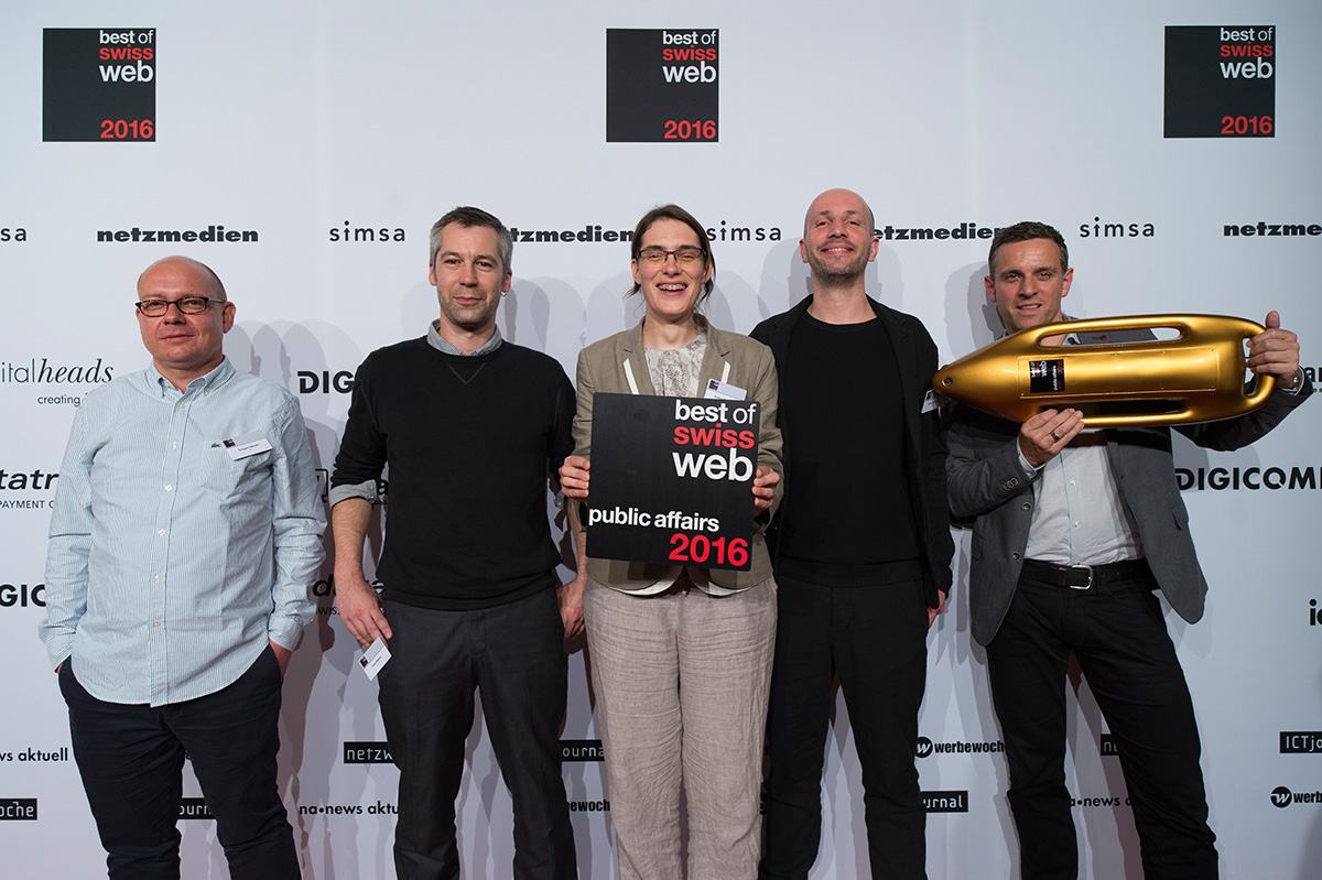 Das Bild zeigt von links nach rechts: Dragan Nikolic (Zeix AG), Yves Steiner (Zeix AG), Esther Brunner (Zeix AG), Jonas Loetscher (Zeix AG), Markus Jufer (Universität Bern).