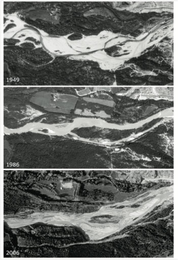 Vergleichende Darstellung des Rhone-Verlaufs mit Fotos über die Jahre 1949, 1986 und 2006