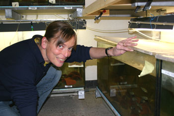 Barbara Taborsky vor einem Aquarium im Labor